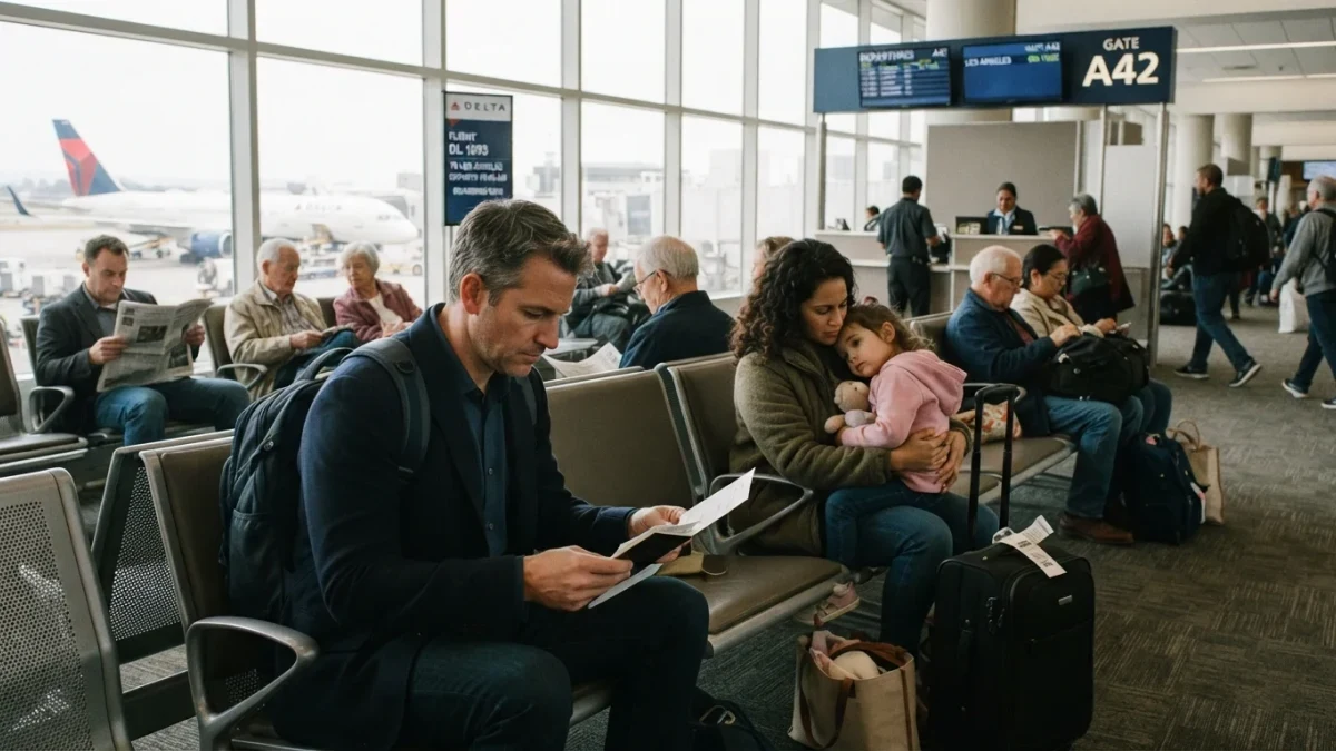 Travelers waiting at an airport gate near boarding screens