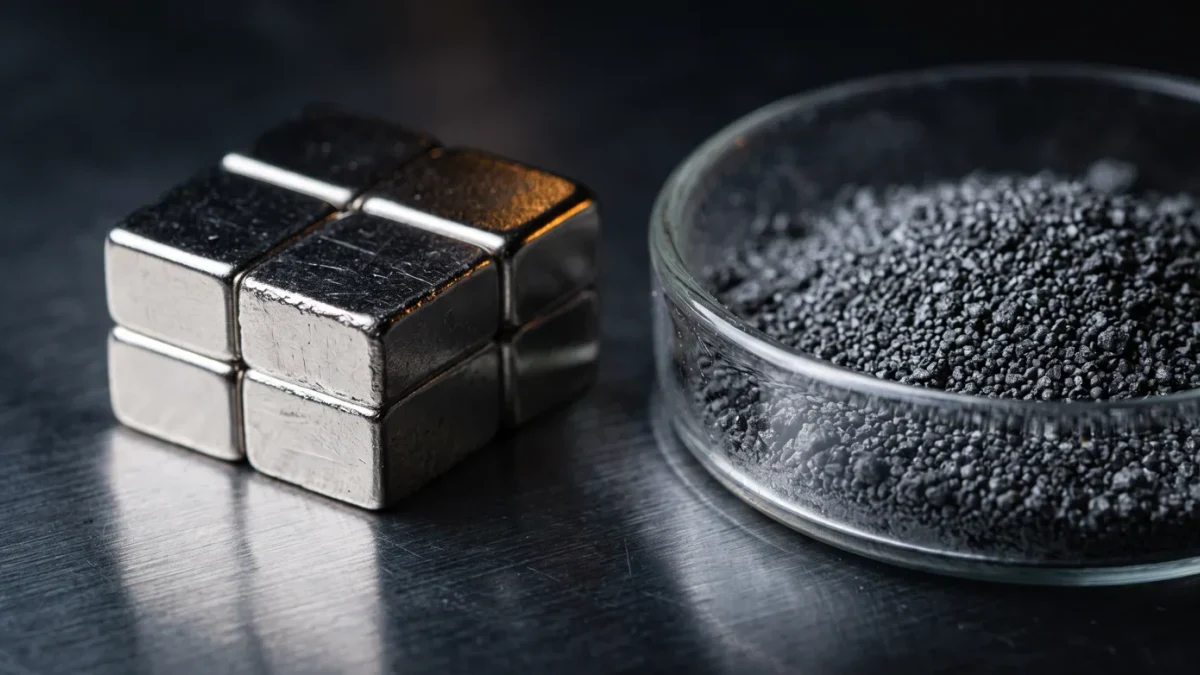 Close-up of neodymium magnet cubes and rare-earth concentrate powder