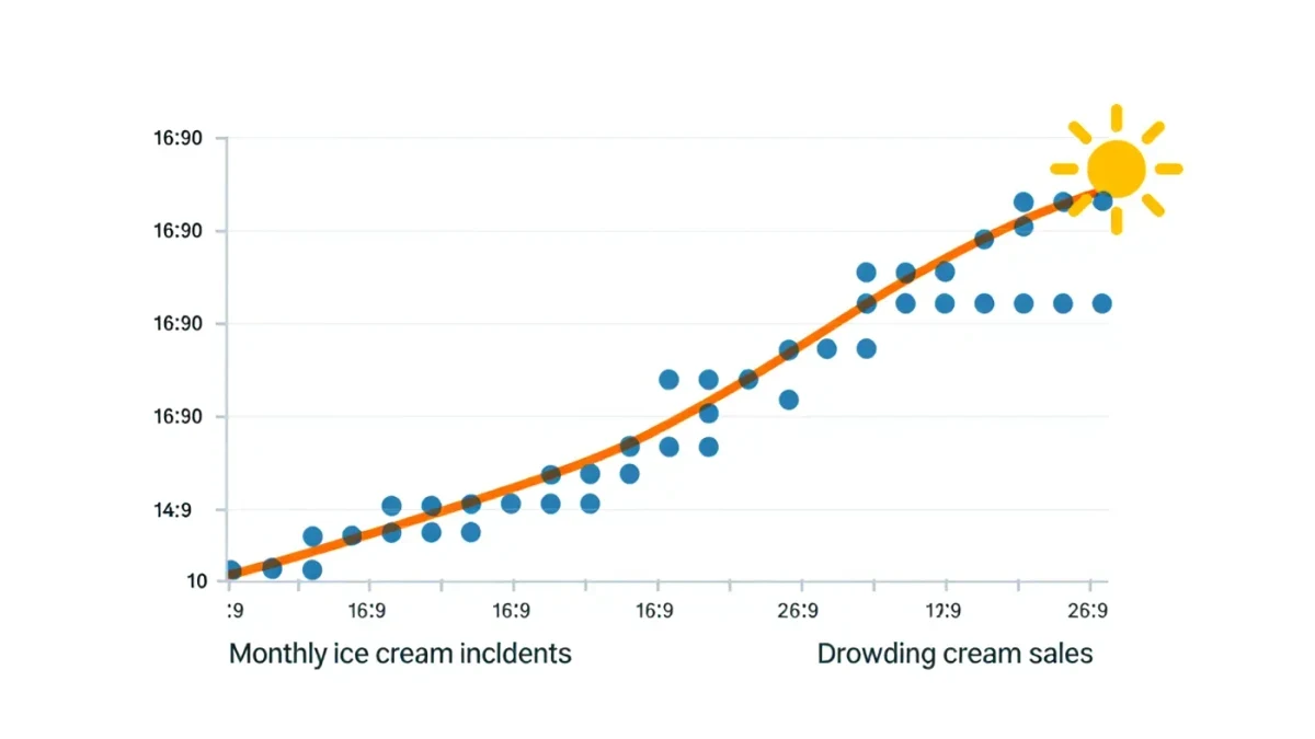 Scatter plot of ice cream sales beside drowning rates with a shared summer factor