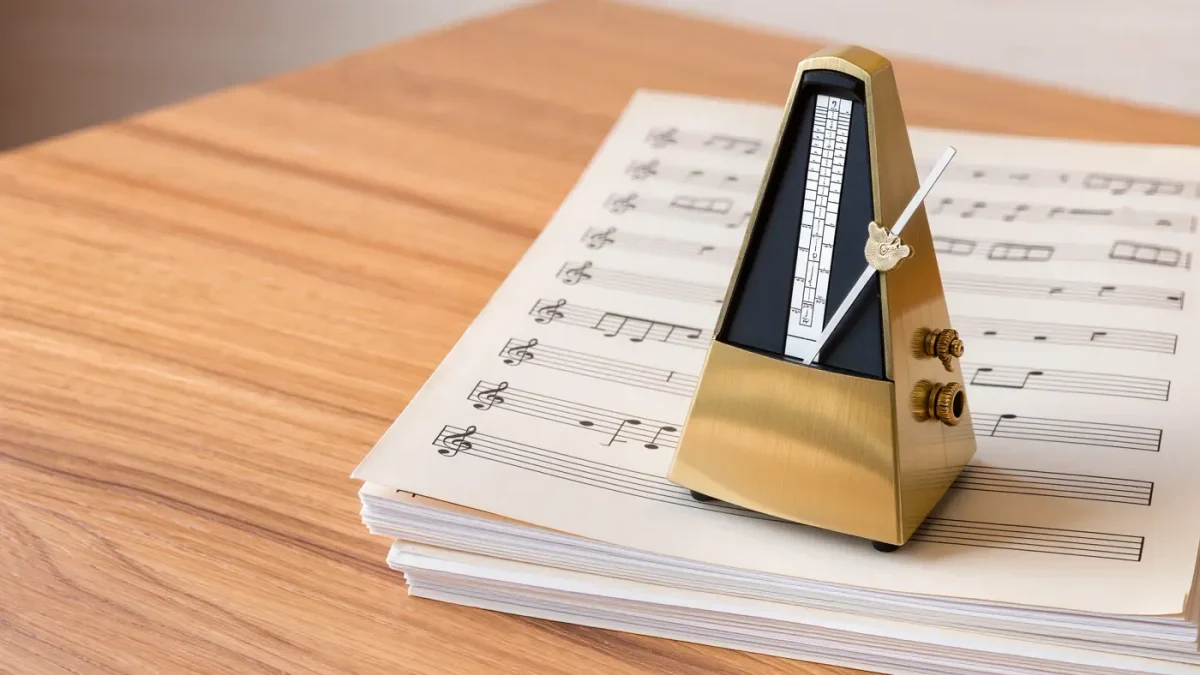 Close-up of a brass metronome resting on stacked manuscript pages