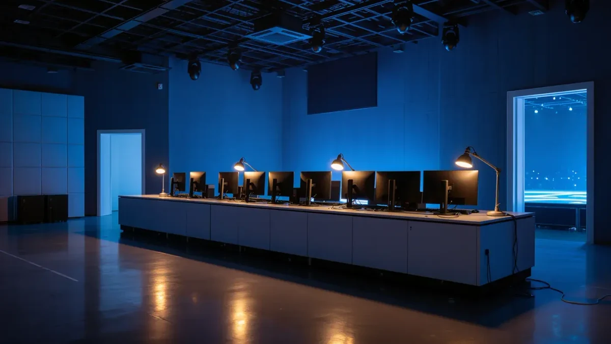 Empty tournament broadcast control room with dark monitors and panel desk