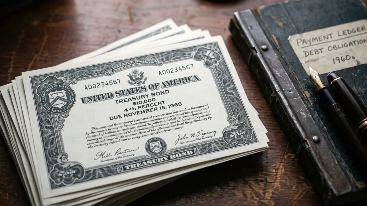 Close-up of Treasury bond certificates and a payment ledger on a desk