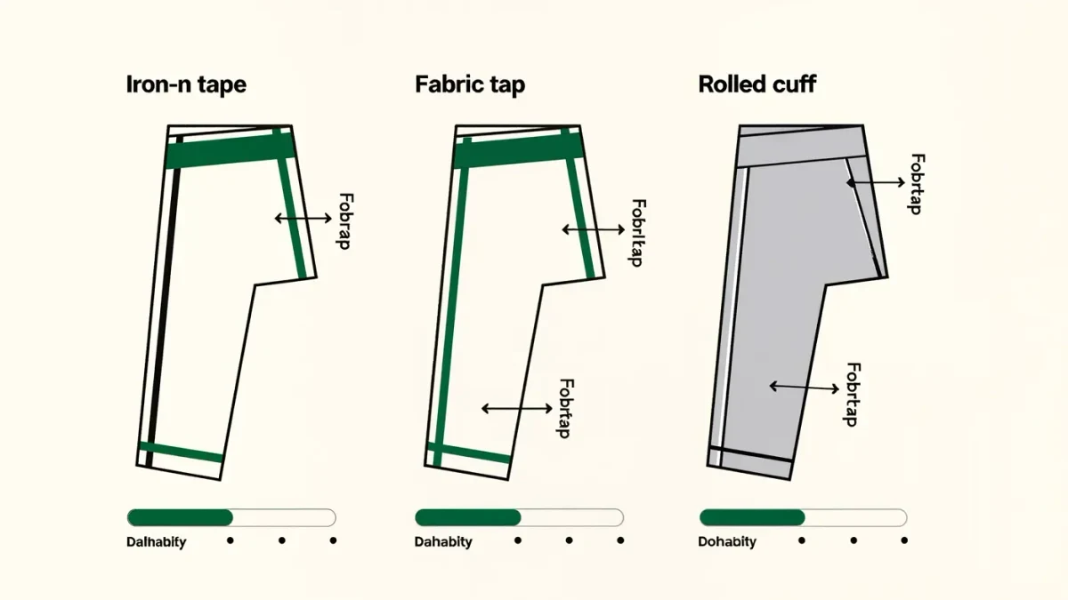 Infographic comparing three no-sew hemming methods with durability ratings