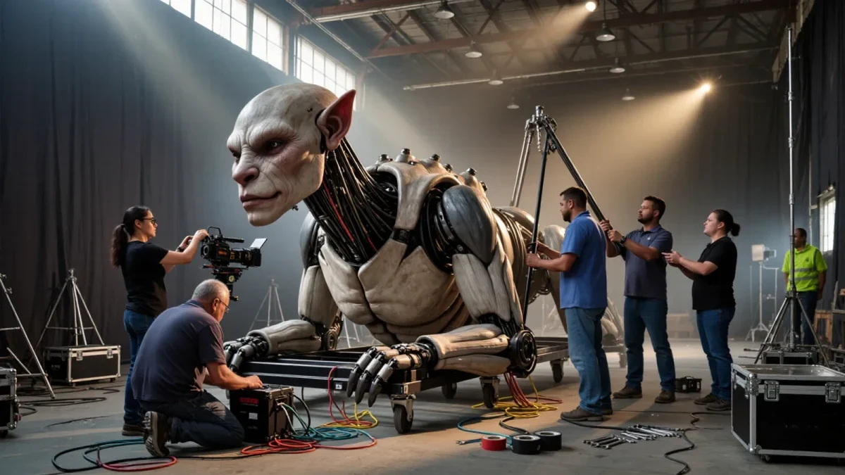 Film crew of five working around a practical creature rig on stage