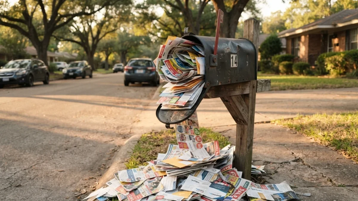 Overflowing mailbox with junk mail spilling onto the ground