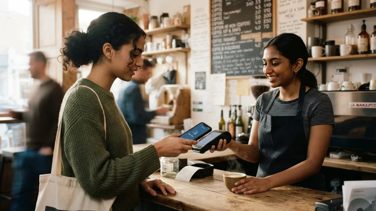 Customer paying by phone at a coffee counter