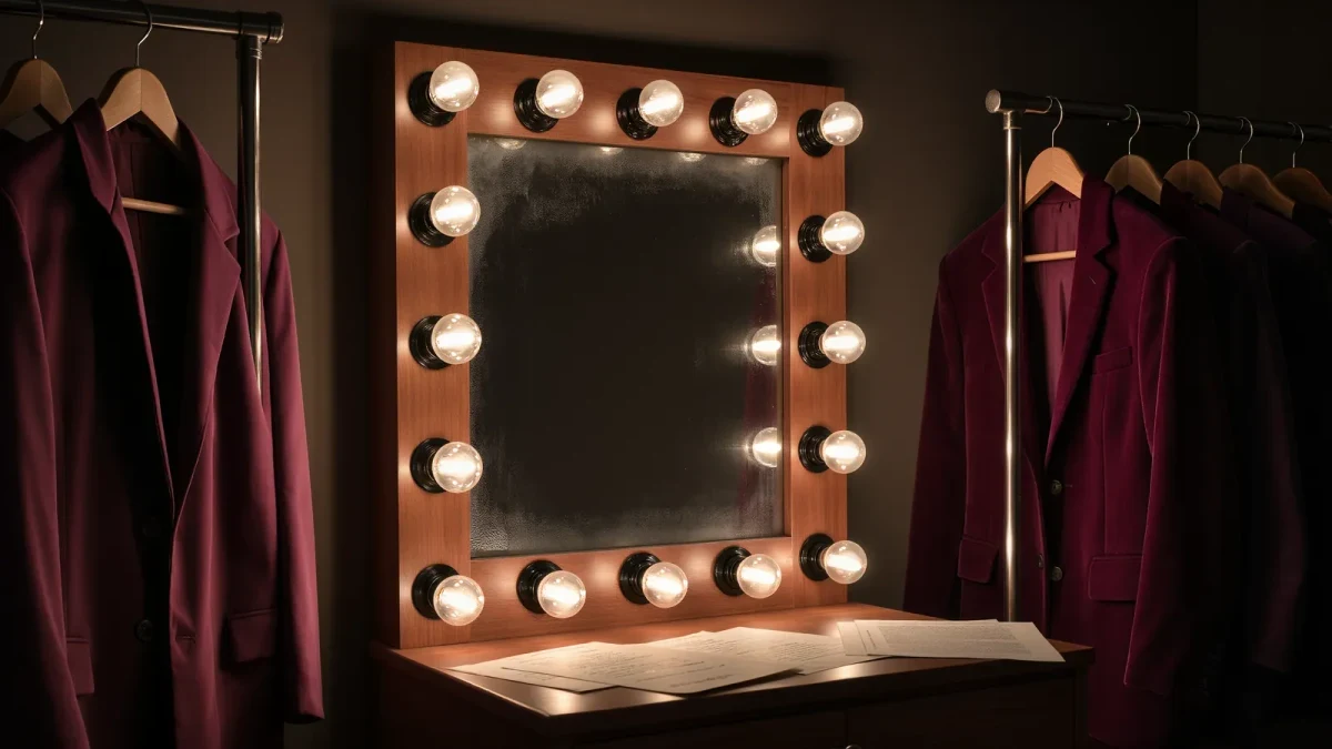 Close-up of a theater dressing room mirror ringed with lights