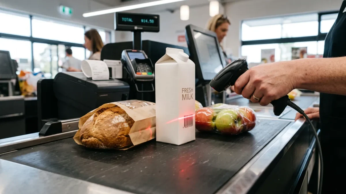 Price-check scanner close-up at a grocery register