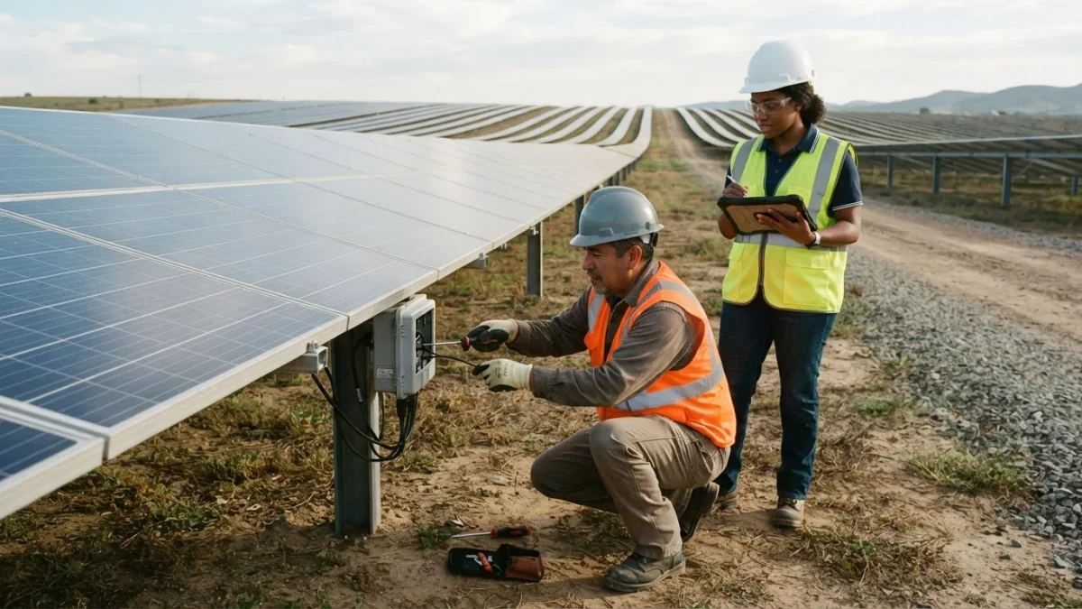 Technicians inspecting solar panels at an outdoor array