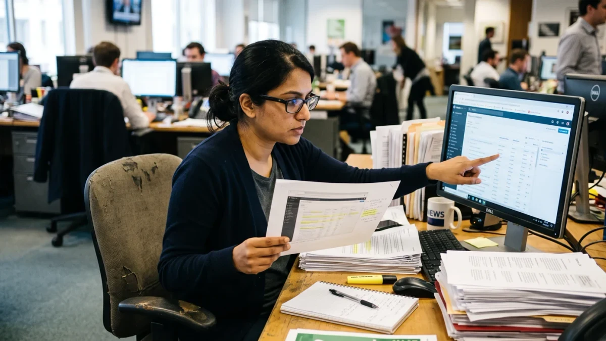 Fact-checker comparing claim screenshots across multiple screens