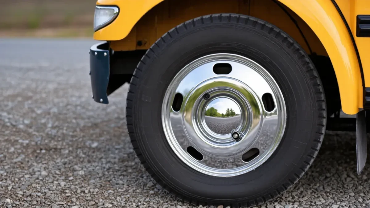 Close-up of a yellow school bus wheel