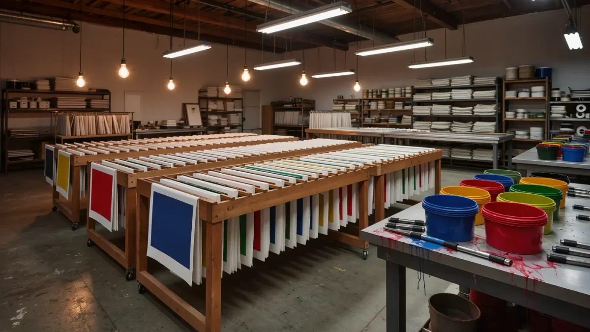 Screenprinting workshop with wooden drying racks of colorful prints