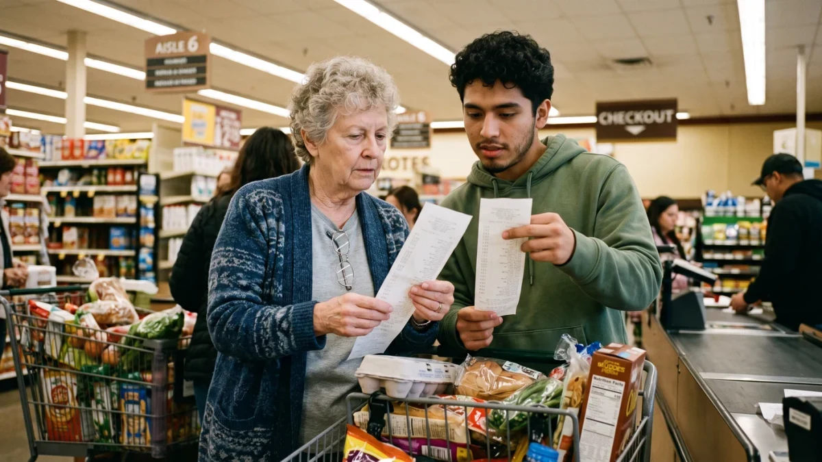 Shoppers comparing receipts at a supermarket checkout lane
