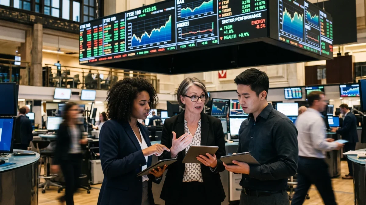 Traders and analysts at work under a market data board