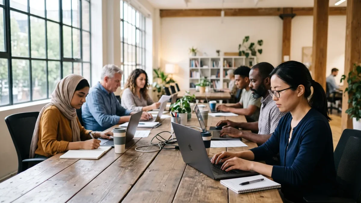 Employees working alone at a quiet long table in a bright office