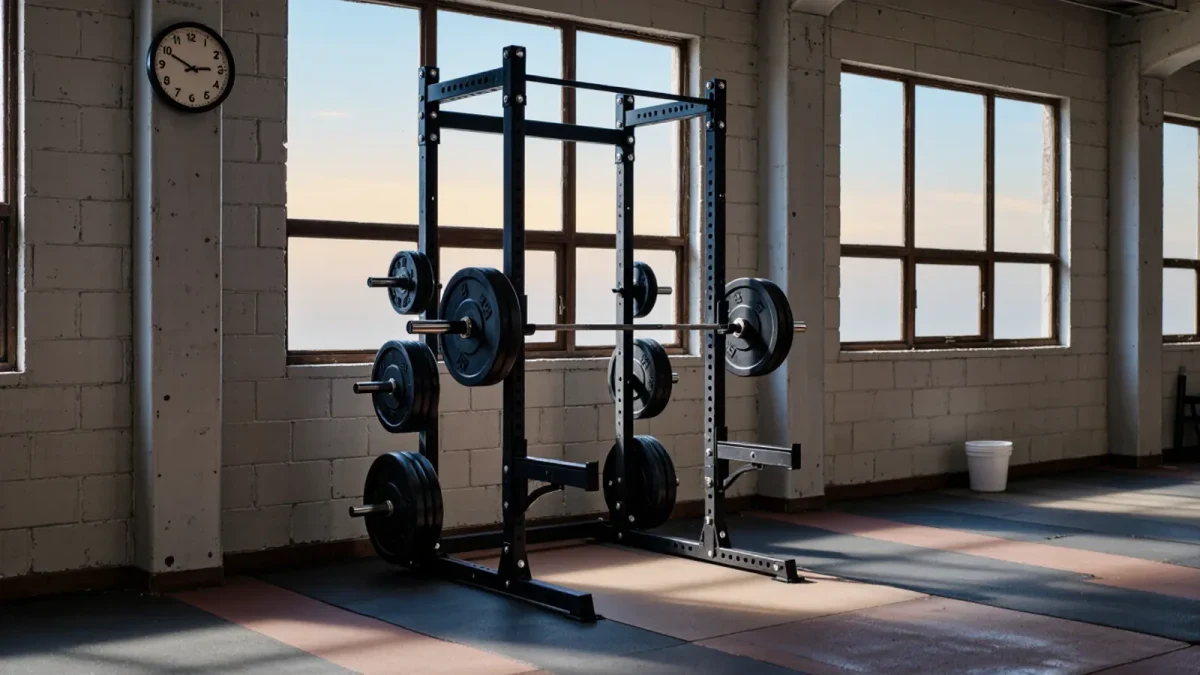 Empty power rack with loaded barbell and a wall clock