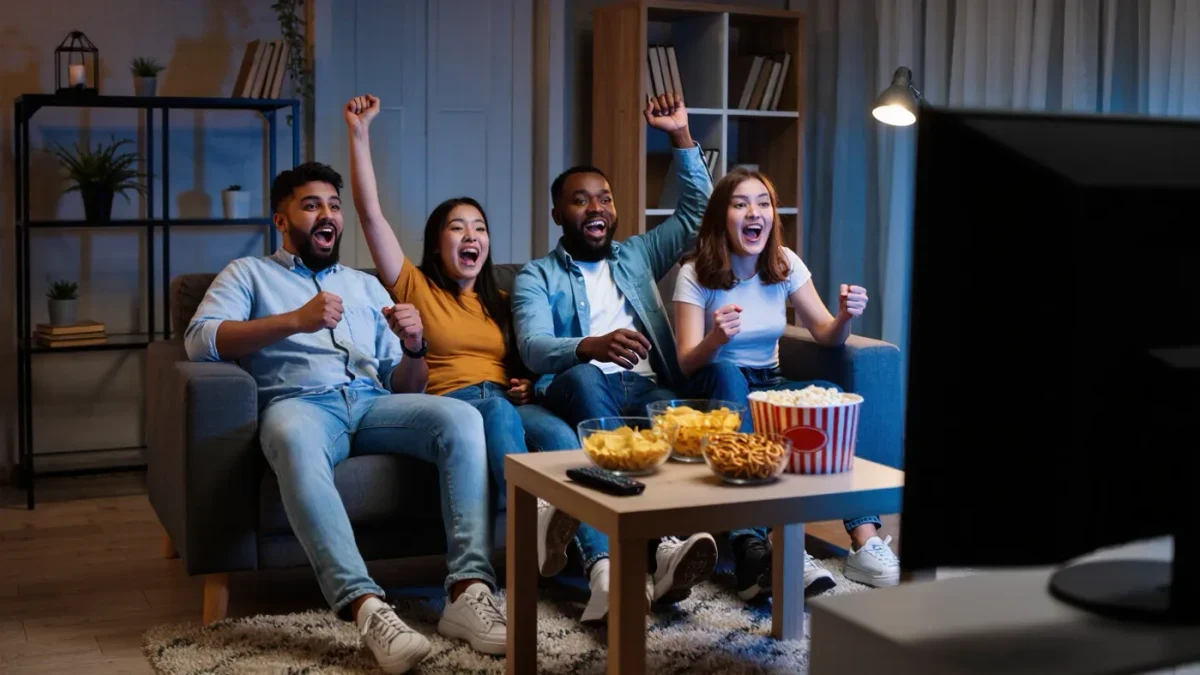 Friends cheering at a darkened awards-night viewing party