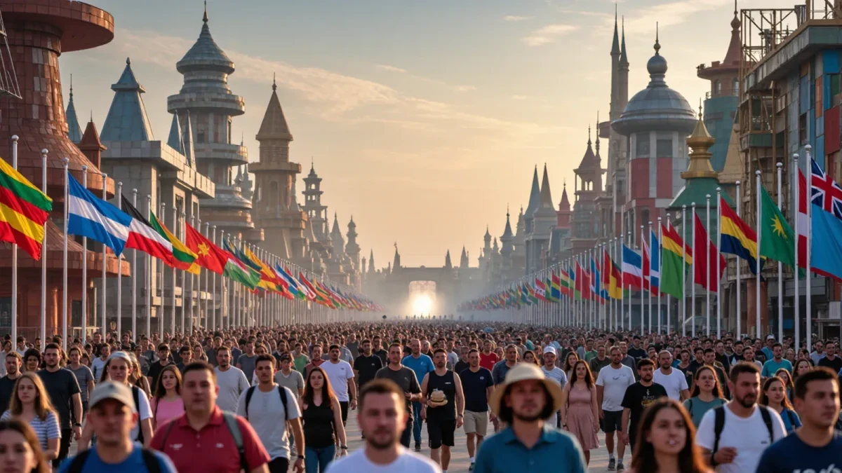 International festival crowd walking a themed festival site at dusk