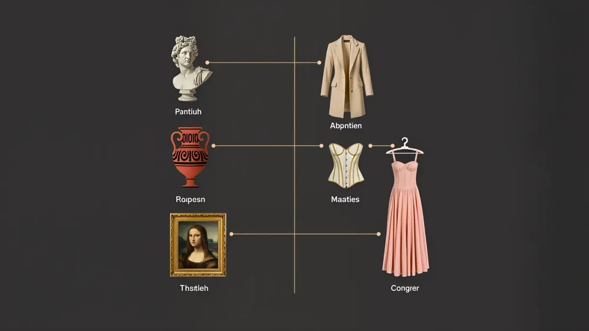 Infographic schematic pairing fashion garments with classical art objects