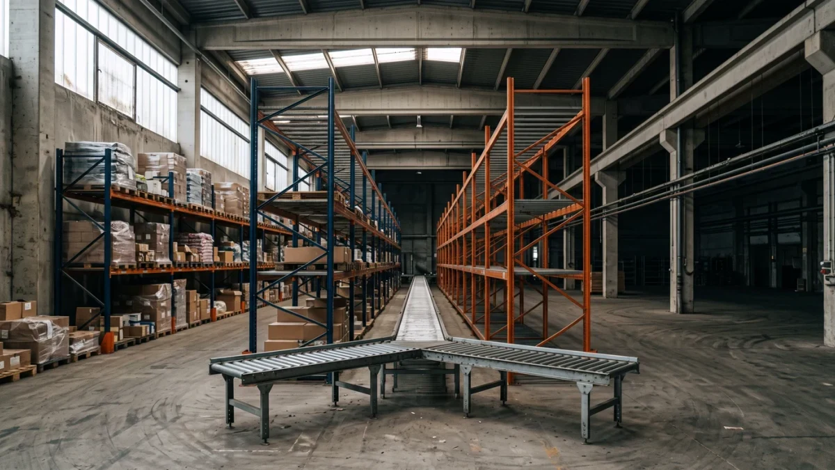 Two warehouse racks merging into one aisle