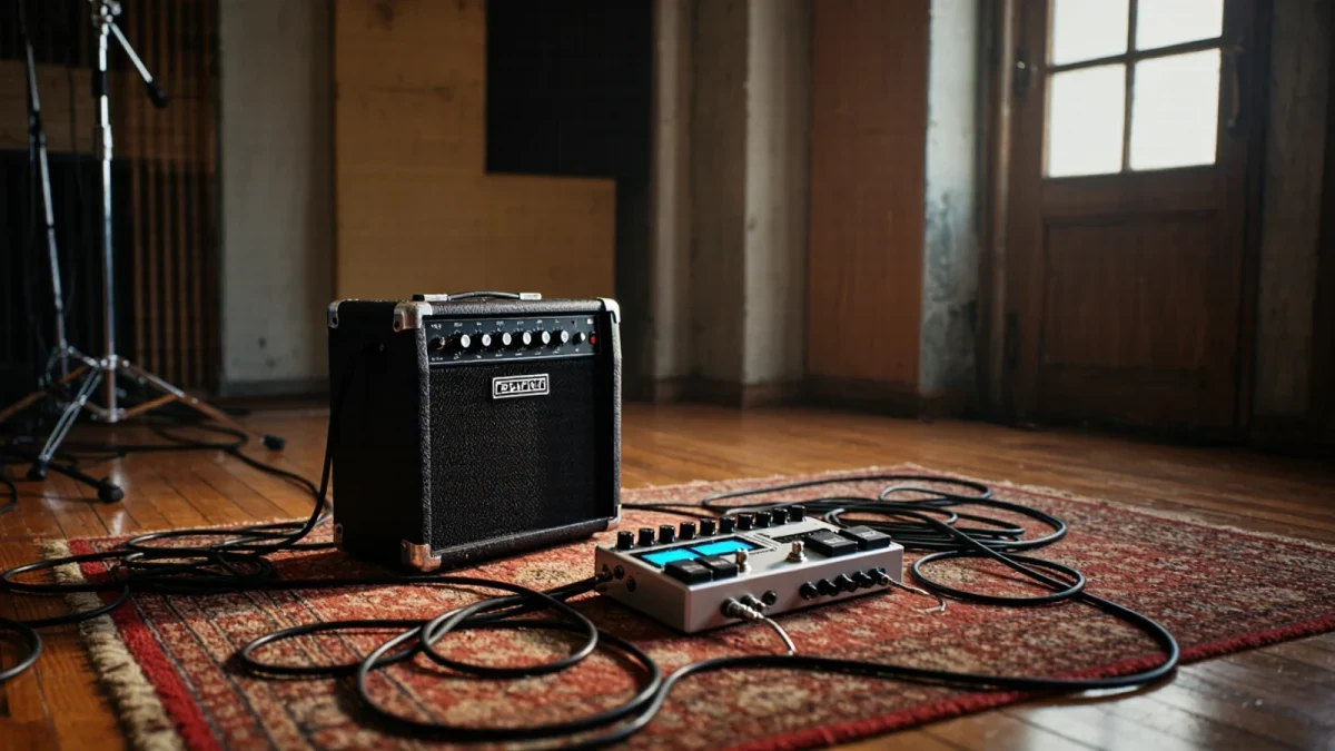 Empty rehearsal room with combo amp and floor modeler side by side