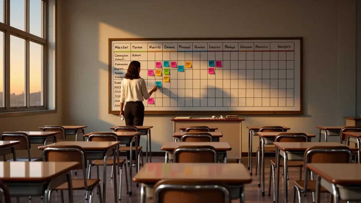 Adult teacher alone revising a master schedule on a whiteboard