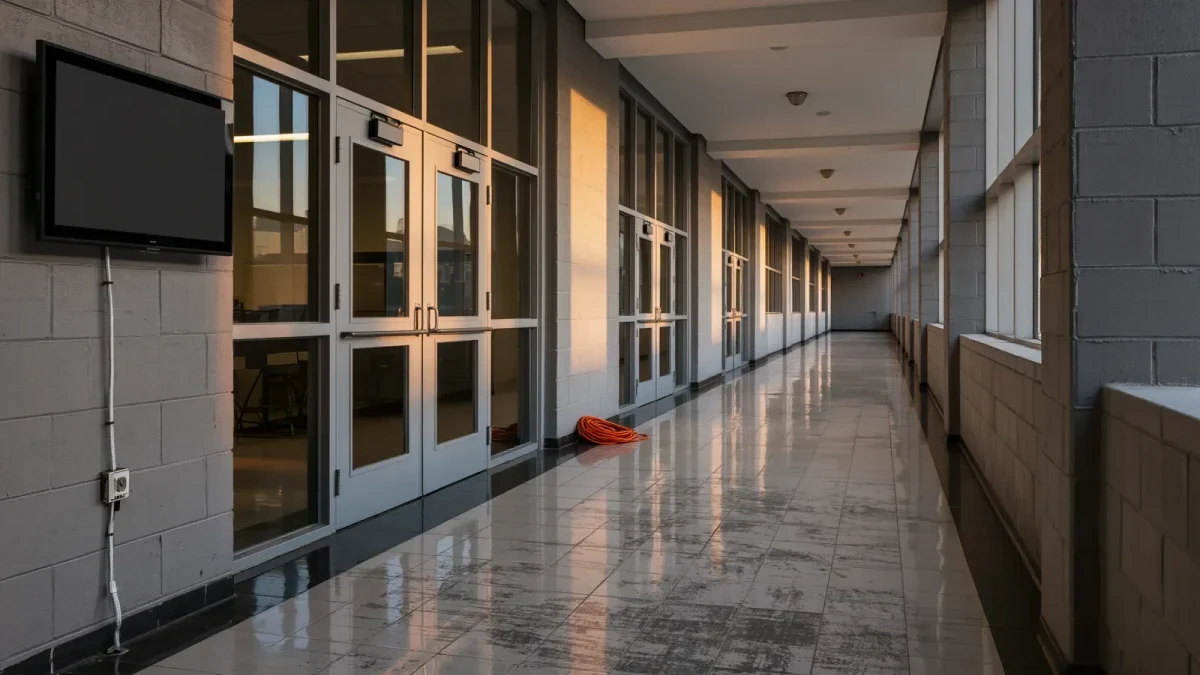 Empty technical college corridor with program schedule display
