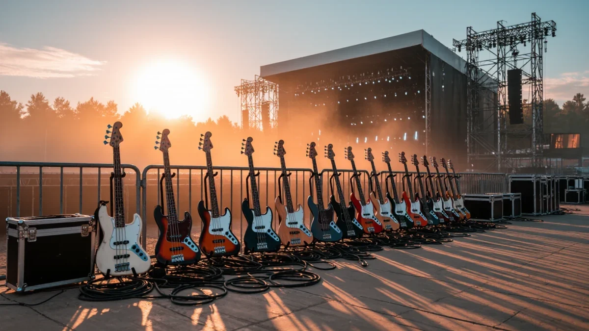 Festival stage at golden hour with rows of guitar stands backstage
