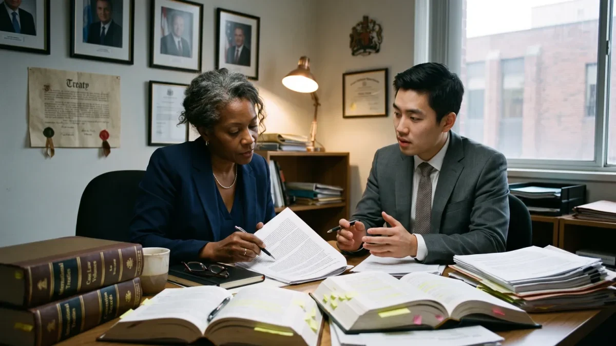 Lawyers conferring over convention texts in a chancellery legal office
