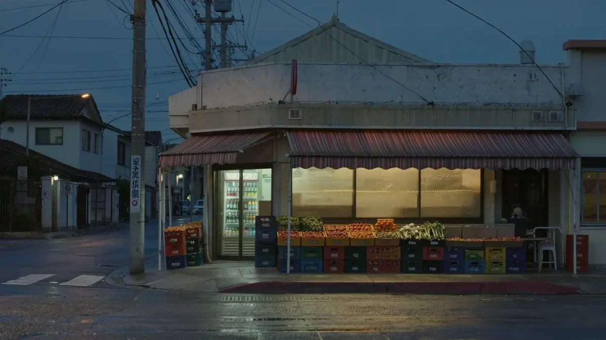 Empty corner bodega storefront at dusk with neon glow, no people