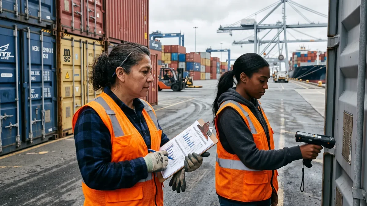 Port analyst reviewing container throughput records beside stacked boxes