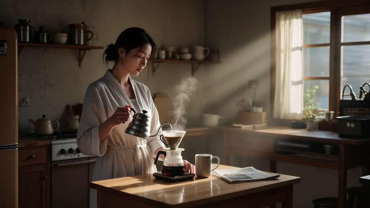 Woman in a robe pouring coffee from a gooseneck kettle in morning light
