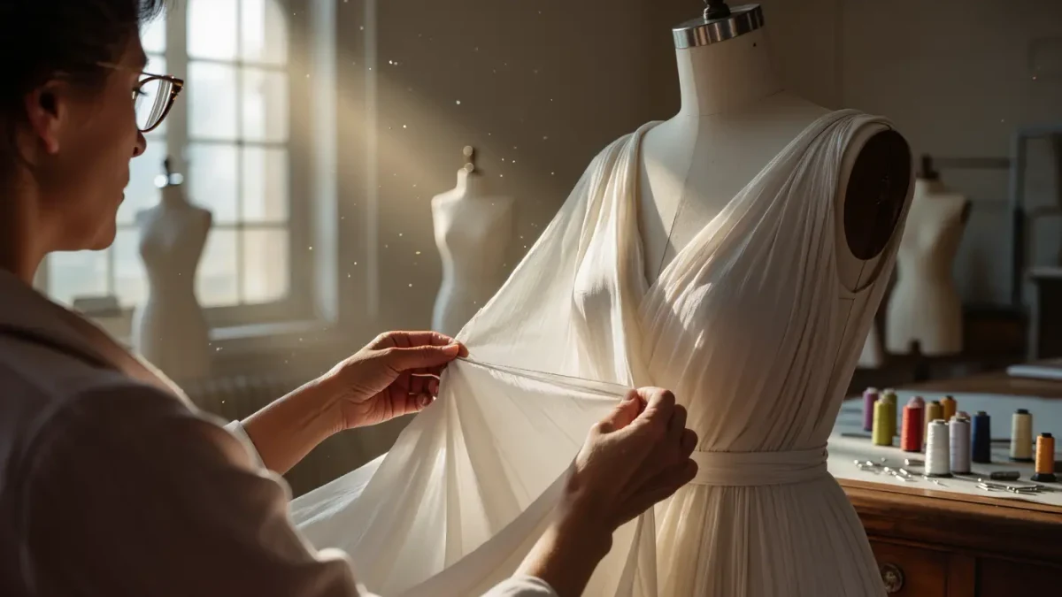 Seamstress hands pinning ivory silk on a couture dress form in an atelier