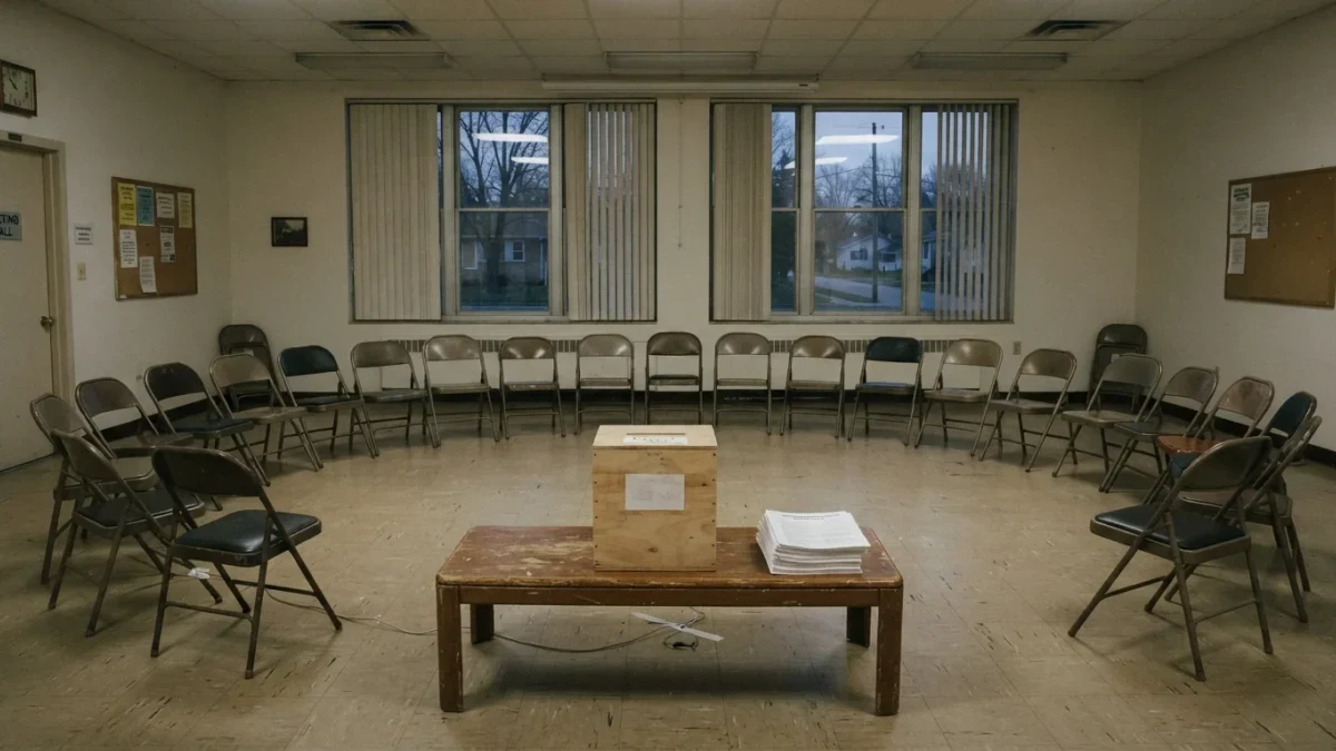Empty community hall with chairs in a circle and a ballot box