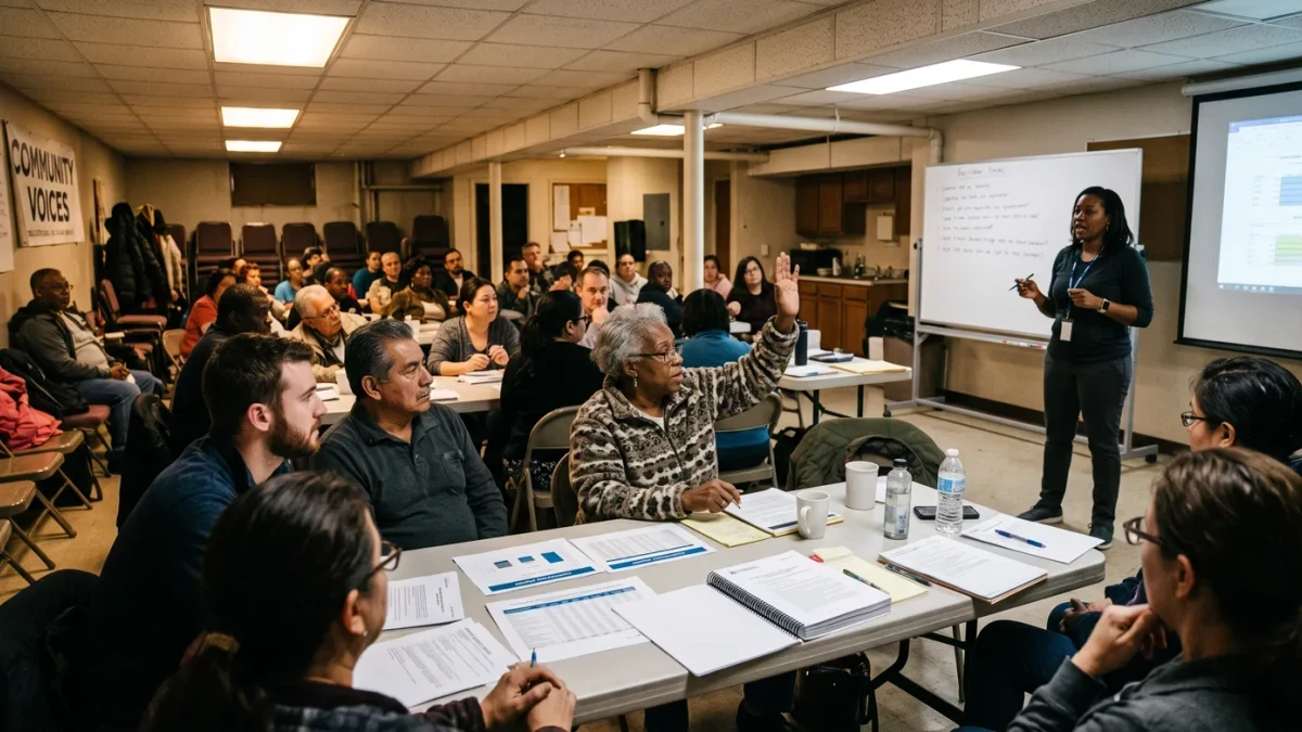 Community meeting where residents review printed monitor report charts