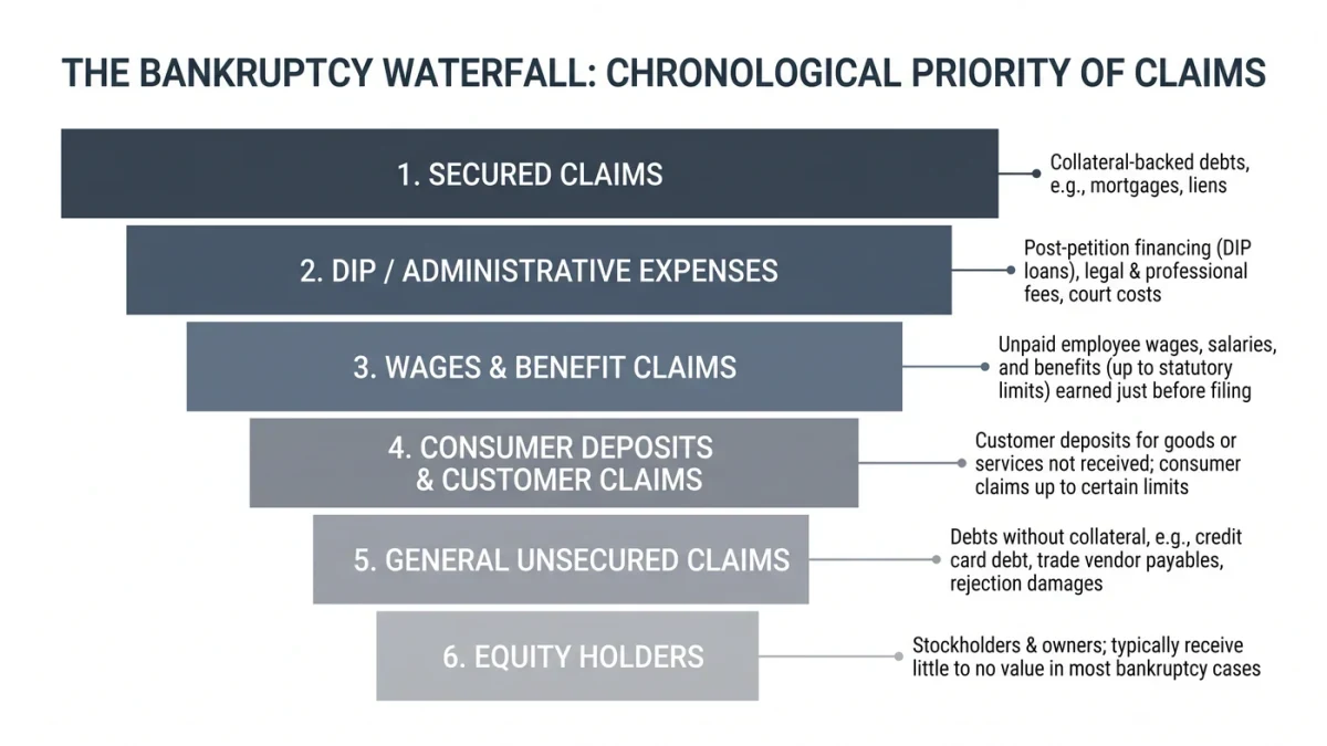 Diagram of creditor priority levels in a bankruptcy waterfall