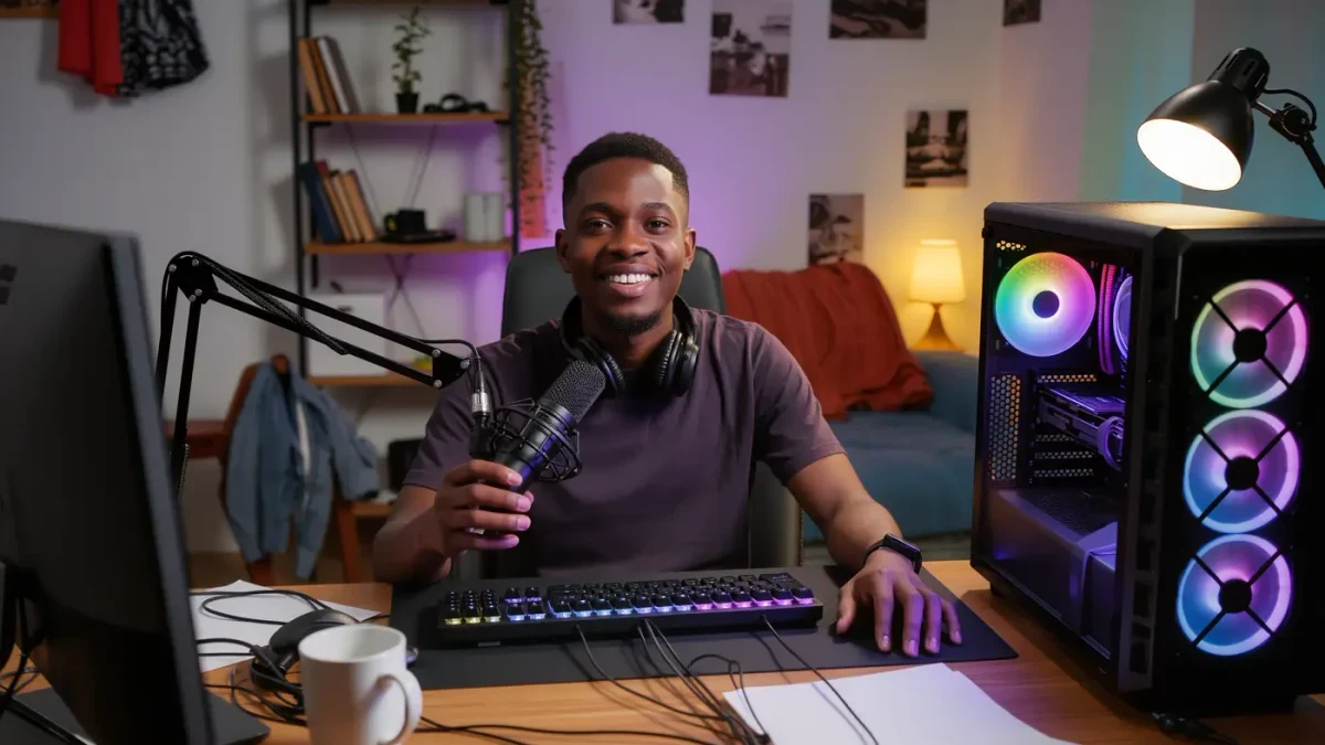 Streamer testing a microphone at a home desk before going live