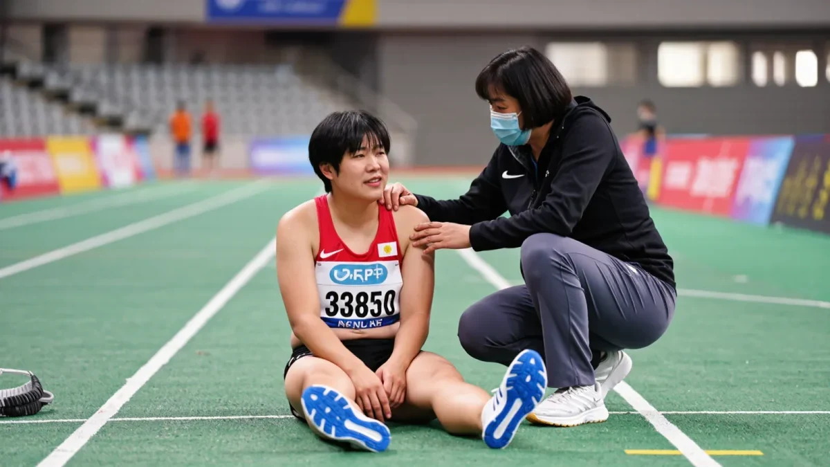 Fatigued female distance runner resting on an indoor track while a coach kneels beside her