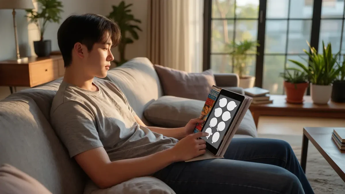 Reader holding a thick paperback while a tablet shows vertical panels