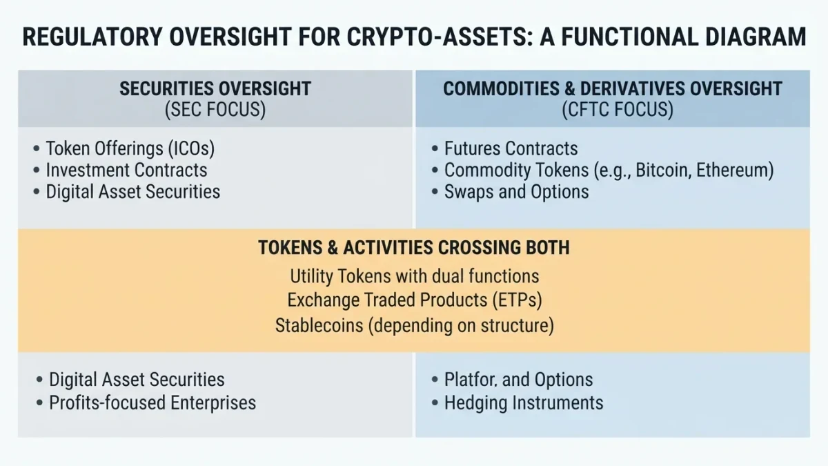 Infographic diagram mapping SEC and CFTC crypto jurisdiction