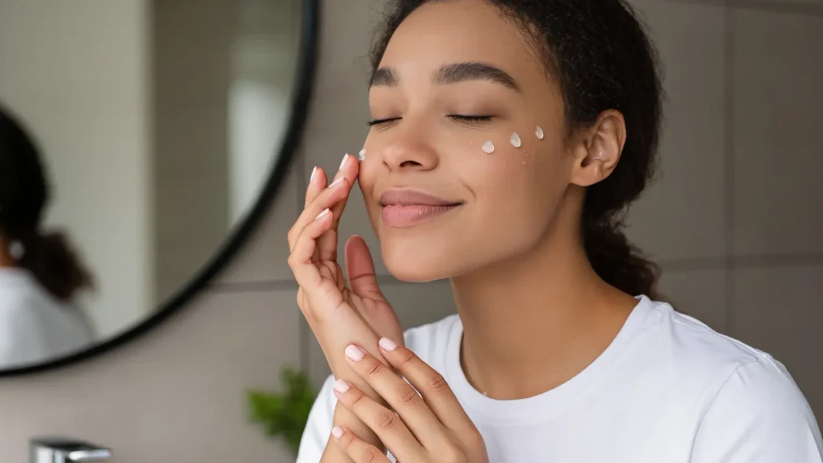 Woman pressing clear serum drops onto her damp cheek in a bright bathroom
