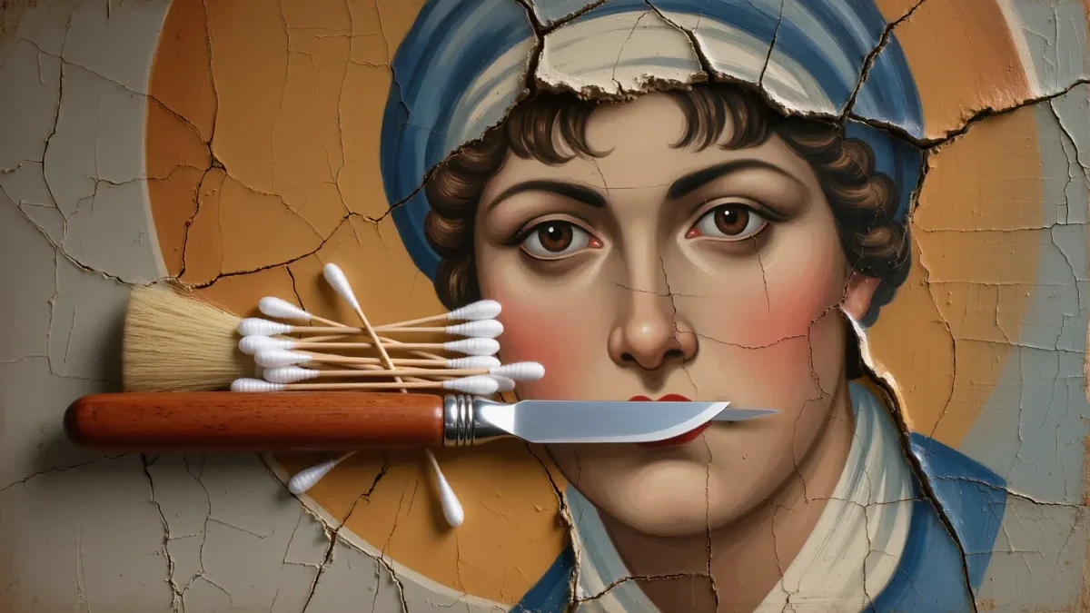 Conservator's brush and tools working on a cracked old mural