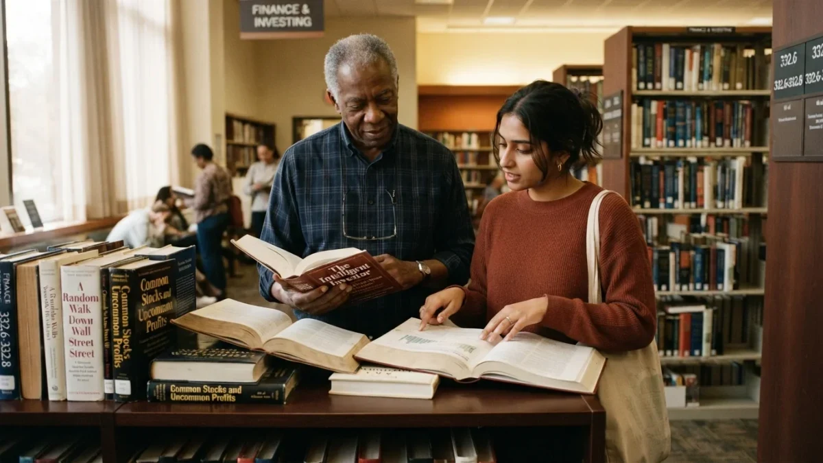 Two library visitors comparing thick investing reference books on shelves
