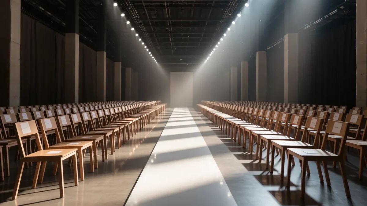 Empty white runway with rows of chairs and name cards