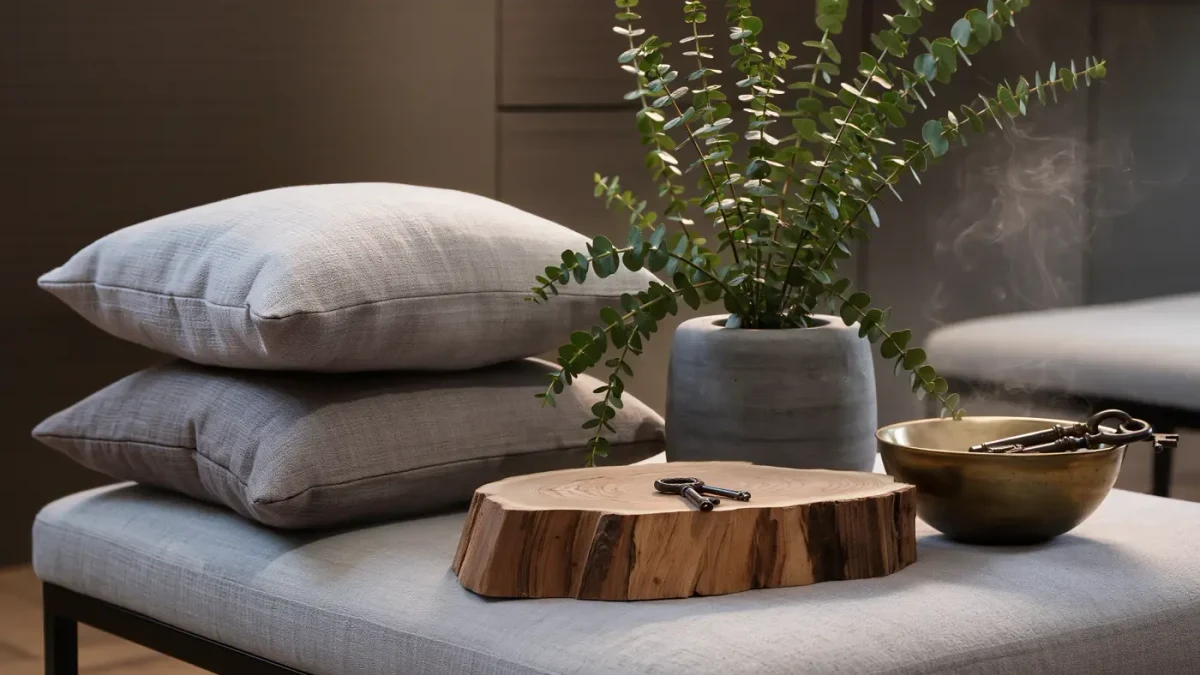 Close-up of natural lobby materials with linen flowers and wood