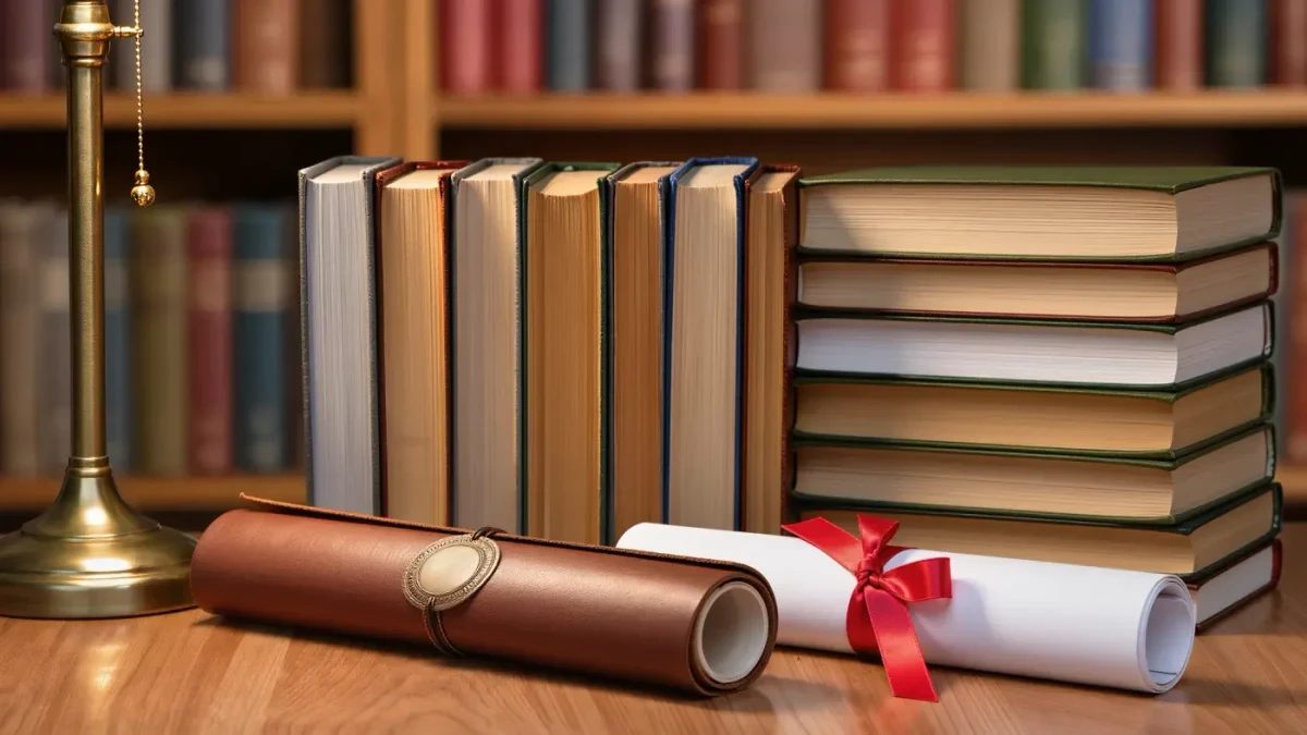 Close-up of stacked theological textbooks with a diploma