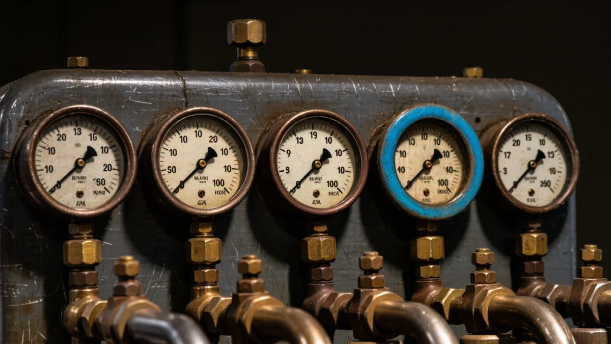 Close-up of a factory floor gauge panel with dials