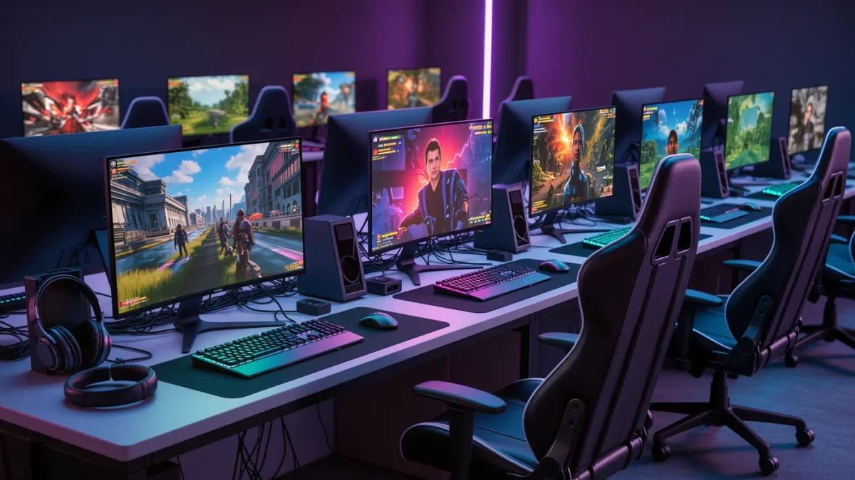 Gaming cafe rows of glowing monitors at night, unoccupied