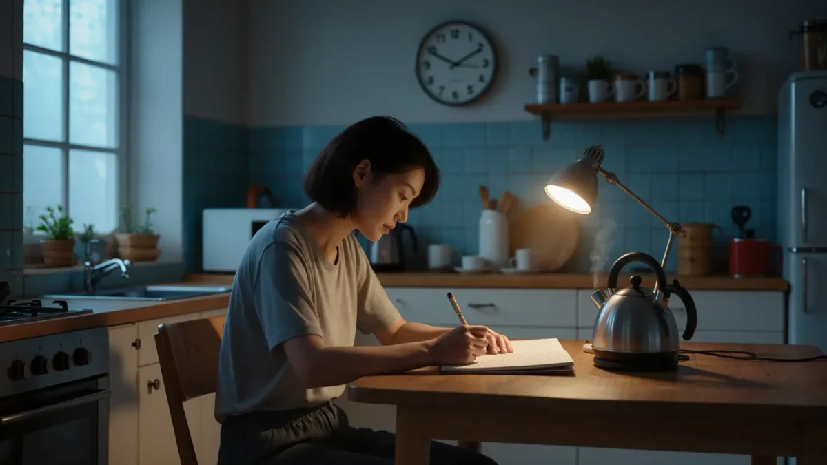 A writer working longhand at a kitchen table before dawn