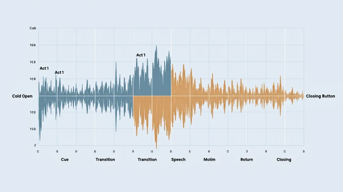 Infographic of a scored podcast episode timeline with music beds